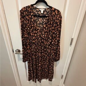 London Times Black and Orange Floral Long Sleeve Dress